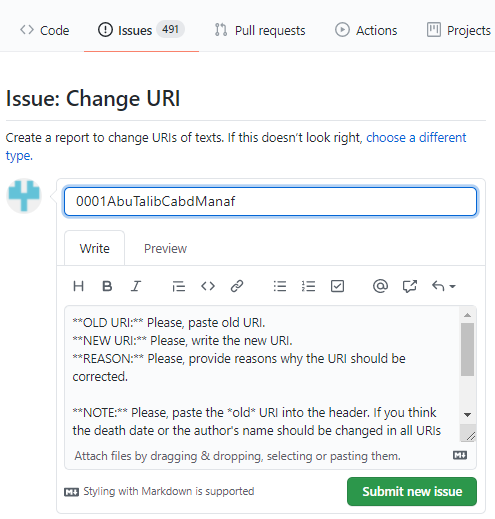 Submit a URI change issue on GitHub